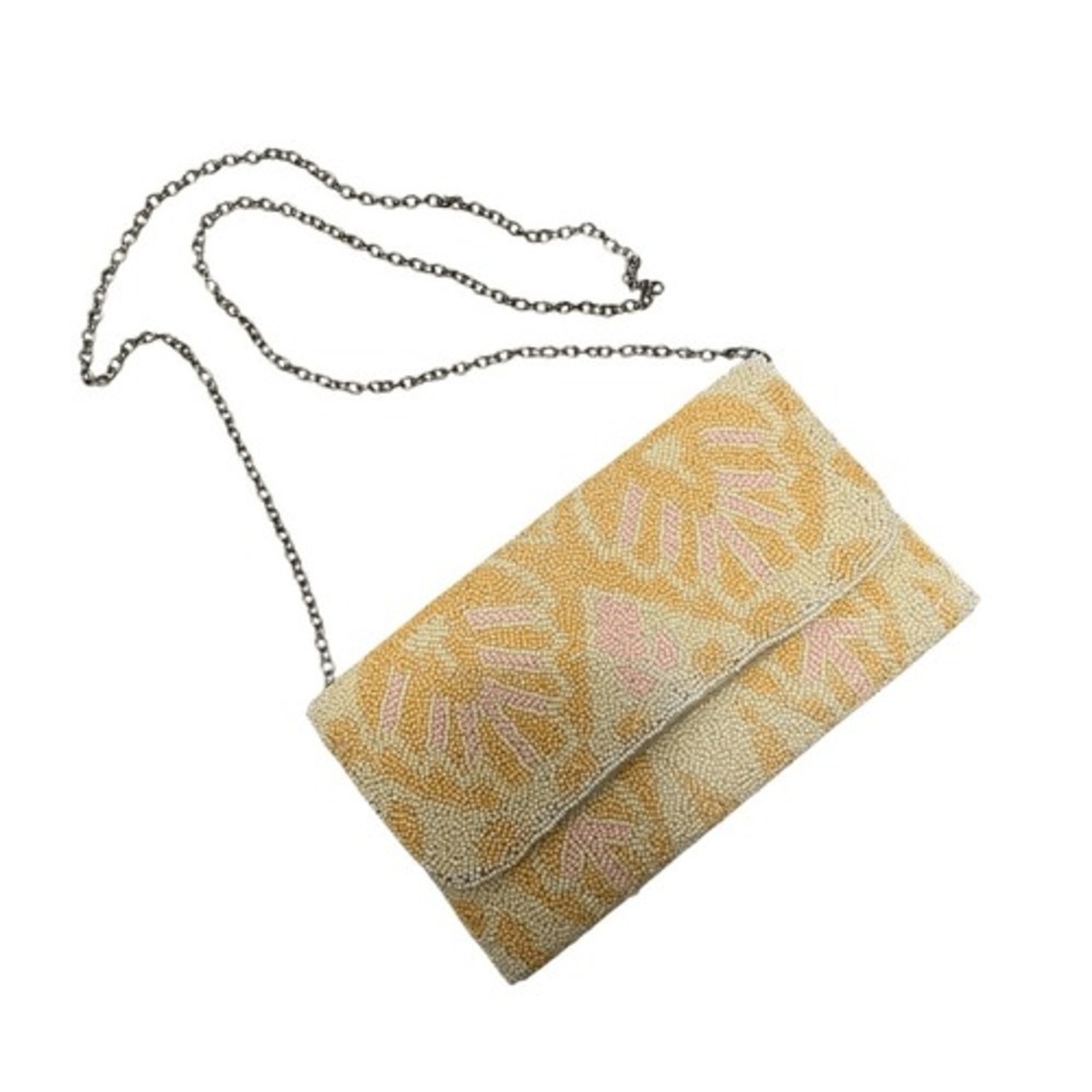 Lulus Beaded Envelope Clutch Crossbody Bag Yellow Pink Floral Geometric Pattern